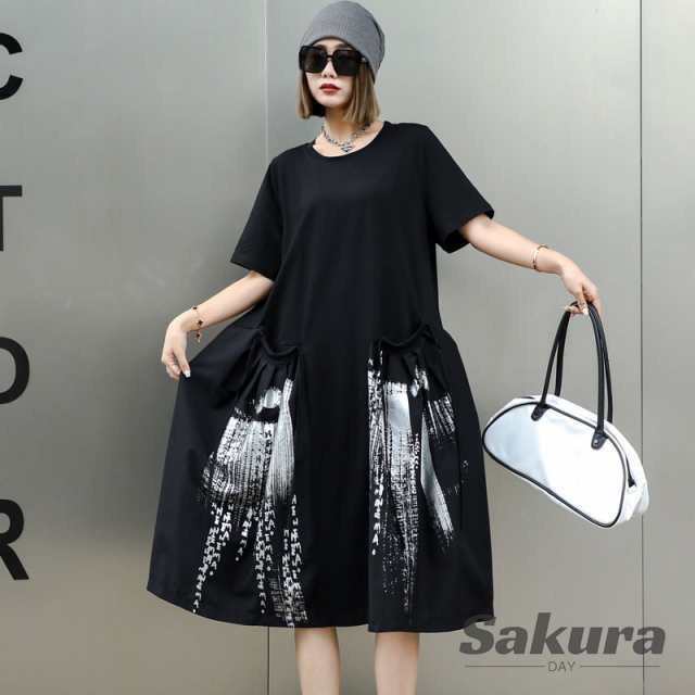 ワンピース ロング シャツ ワンピ レディース 半袖 モード系 プリーツ ミドル丈 レトロ 個性的 ゆったり Aライン 黒 大人 きれい