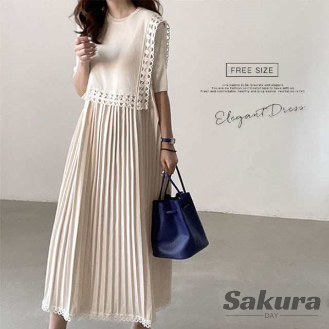 ワンピース レディース 夏 半袖 レース ロングワンピース ロング プリーツワンピース 切り替え フレア 春 夏 フレアワンピース Aラインワンピース プリーツ