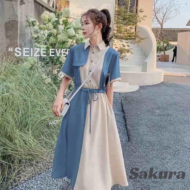 ワンピース レディース ロングワンピース 切り替え 配色 ミモレ丈 ロング ドッキング Aライン フレアワンピース シャツワンピース 大人 上品 春 夏 ワンピ 半袖 大きいサイズ フォーマル 結婚式