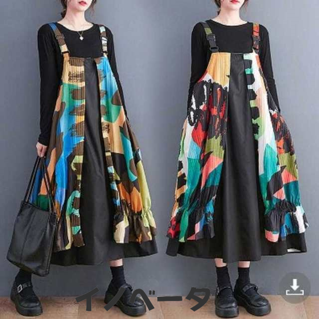 夏新作 大きいサイズ レディース ワンピース サロペット風 重ね着風 Tシャツワンピース プルオーバー 派手柄 アート系 オーバー