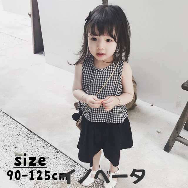 ノースリーブブラウス ワイドパンツ 2点セット キッズ トップス ボトムス 裾広がり ゆったり ガウチョ パンツ チェック 格子