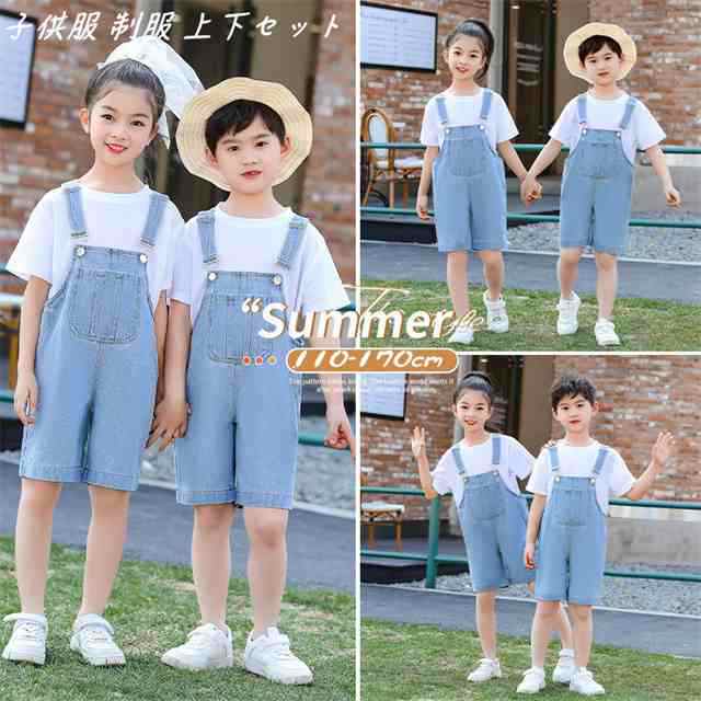 子供服 セットアップ 女の子 男の子 夏服 ファッション 2点セット 半袖 Tシャツ + デニムサロペット 半ズボン 夏着 学生の制服状態：新品素 材:綿95% ■セット内容：半袖 Tシャツ + デニ