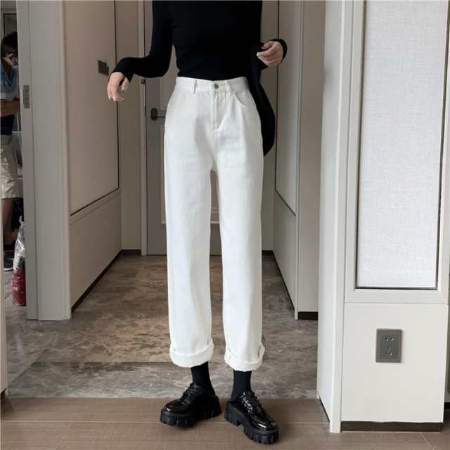 デニムパンツ レディース カラーデニムパンツ ボトムス 白デニムパンツ ジーンズ デニム パンツ ハイウエスト ストレートパンツ 白 ホワイト 大人可愛い きれいめ 上品 マニッシュ ガーリー ルーズ