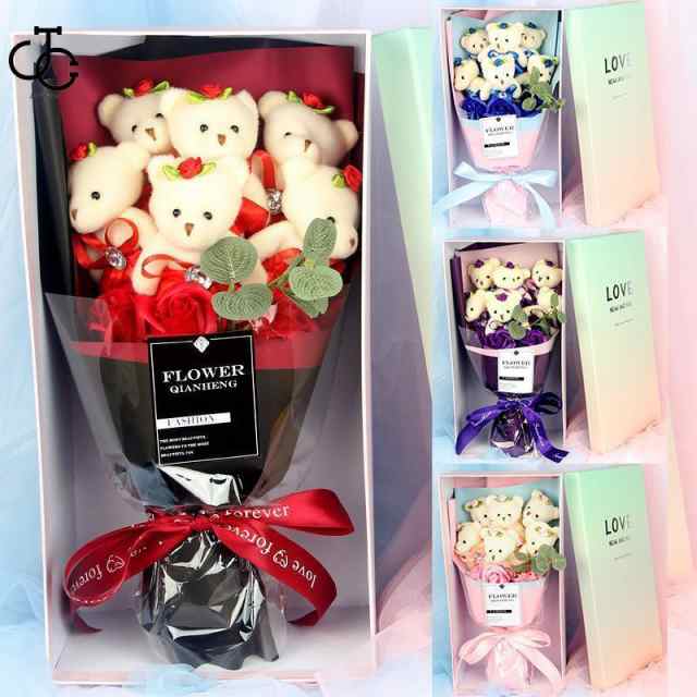 サイズ：38*20*12cmカラー：レッド ピンク パープル ブルー重さ：360ｇ特記事項：熊*6 バラ*3花種類：バララッピング：箱適用シーン：母の日 花束 ギフト オシャレ 父の日 バラ 結婚祝い
