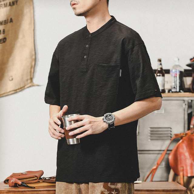 メンズ Tシャツ 半袖 ポケット付き プルオーバーシャツ ヘンリーネック インナー 無地 シンプル 半袖Tシャツ 男性 ポロシャツ 夏 竹レーヨン トップス【サイズ：cm】M ：肩幅51 胸囲108 