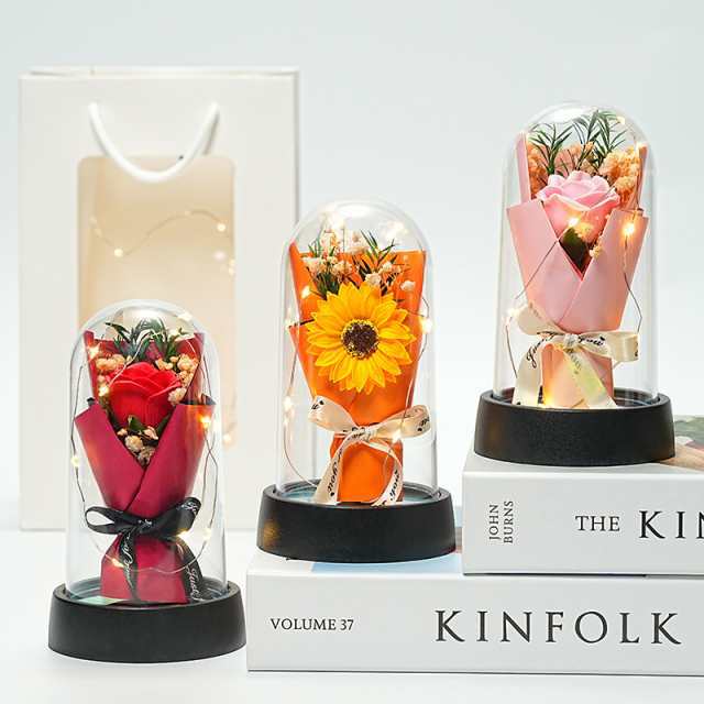 LED 造花 プリザーブドフラワー フラワーソープ シャボンフラワー ギフト 花 花束 ブーケ バラ ミニブーケ 母の日 父の日 プレゼント 光る LEDライト付き 感謝 ボックス バラ カーネーショ