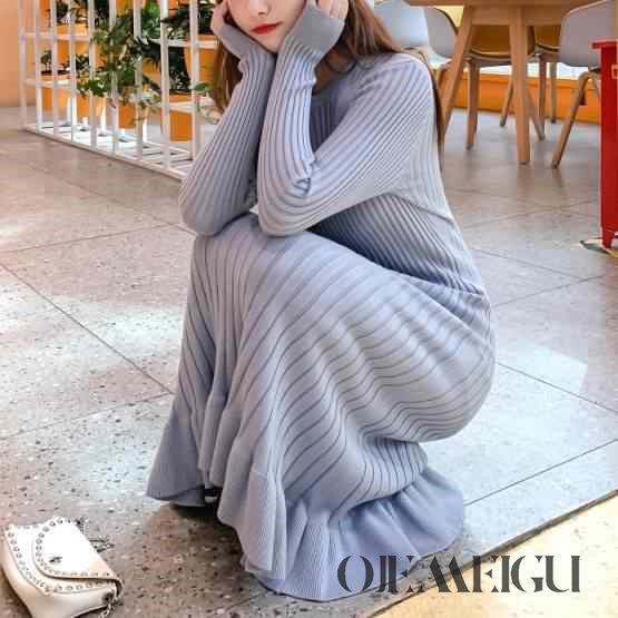 ワンピース レディース 4カラー S M L XL ブラック ブルー ピンク アプリコット ミモレ丈 無地 単色 リブ ニット セーター 裾フリル マーメイド Aライン ラウンドネック 長袖 デザイン