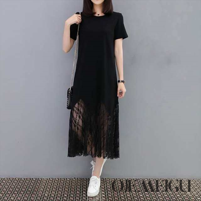 ワンピース ドレス レディース M L XL 2XL 3XL 4XL ブラック 半袖 ラウンドネック 無地 レース シアーヘム 裾レース シースルー 透け感 デザイン ゆったり 体型カバー リラクシー