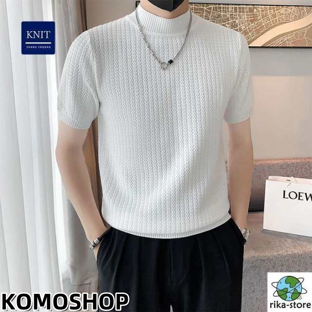サマーニット メンズ 半袖 モックネック 配色 無地 薄手 ス デザイン 波編み Tシャツ ゴルフ シャツ キレイめ レイヤード 丸首 夏