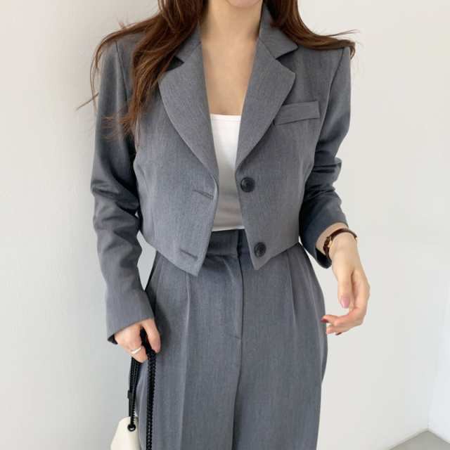 2色 セットアップ ジャケット パンツ スーツ 上下セット かっこいい 長袖 シンプル 無地 ツーピース 黒 グレー 個性的 ショート丈 上着