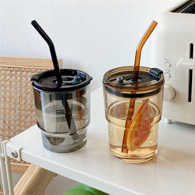 2個セット 350ML/400ML ドリンクジャー ストロー & 蓋 コップ ガラスコップ ストロー付き ドリンクボトル ガラス食器 キッチン用品 キッチン雑貨 ストロー付きコップ