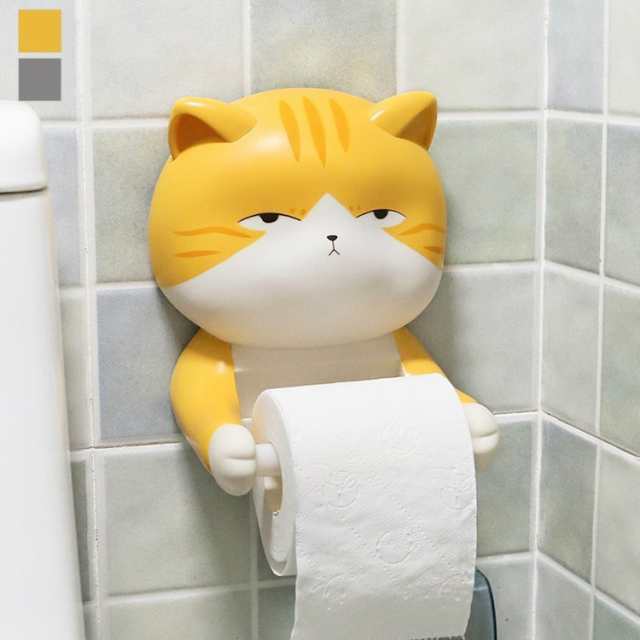 日用品雑貨 トイレ用品 トイレットペーパーホルダー 設置簡単 アニマル 動物 猫 イエロー グレー楽しい ナチュラルテイスト 北欧ナチュラル