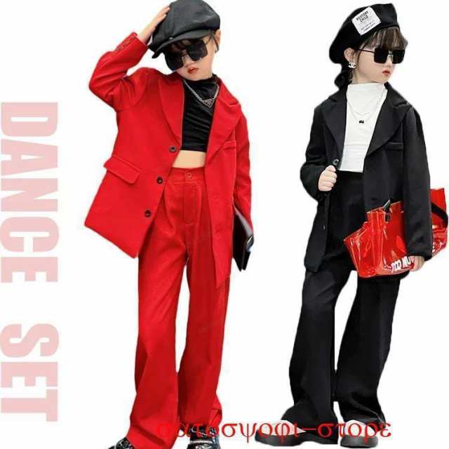 キッズ ダンス 衣装 赤 黒 セットアップ 長袖 スーツ 韓国 子供服 ジャケット パンツ 女の子 スーツ レッド フォーマルスーツ ブレザー 2点セット お祝い 長袖