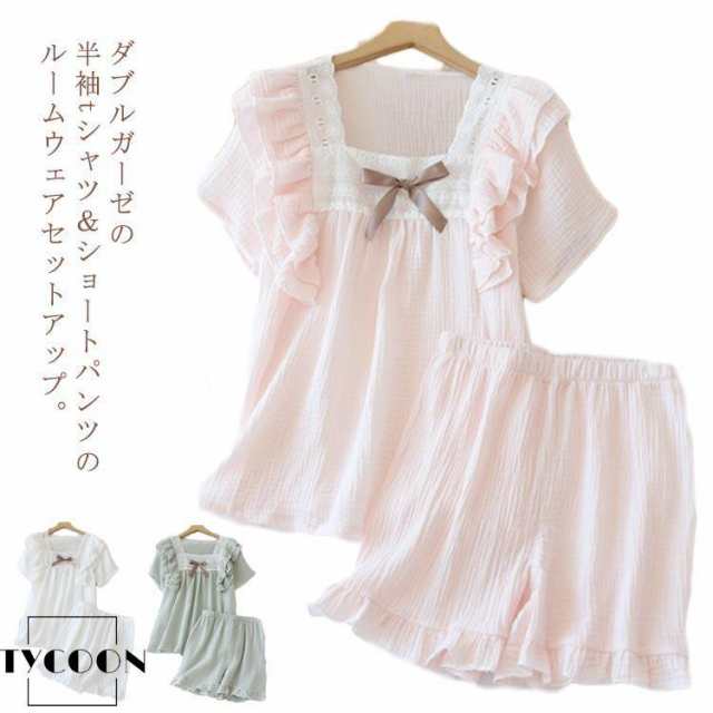 パジャマ コットン ダブル キッズ レース ルームウェア フリル パンツ 半袖 ガーゼ 女の子 ショートパンツ リボン 上下セット tシャツ 可愛い