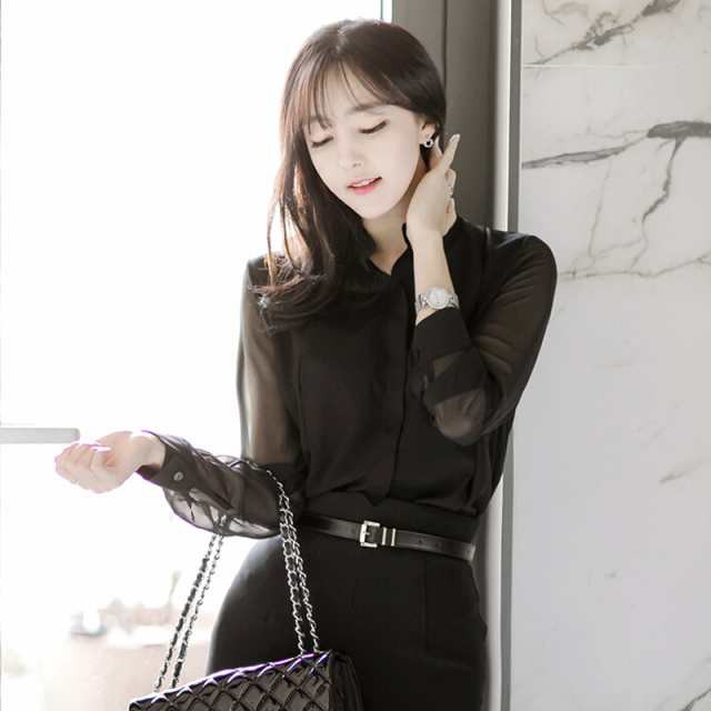 シャツ 長袖 レディース ブラック 大きいサイズ XL 2XL ブラウス トップス シフォン シースルー スタンドカラー フォーマル オフィス 上品 きれいめ かわいい シンプル おしゃれ 着痩せ 細