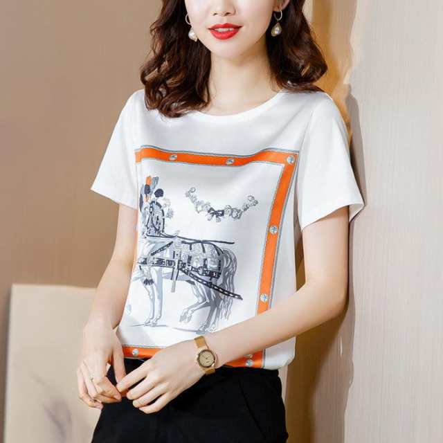 Tシャツ レディース きれいめ 40代 夏 上品 半袖Tシャツ プリント ブラウス 白トップス カジュアル韓国風 ゆったりカットソー オシャレ 大きいサイズTシャツ