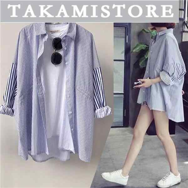 ブラウス シャツ ロングシャツ ストライプ 綿麻 ボーダー柄 羽織 レディース UVカット カーディガン 不規則 切り替え 長袖 ゆったり 体型カバー