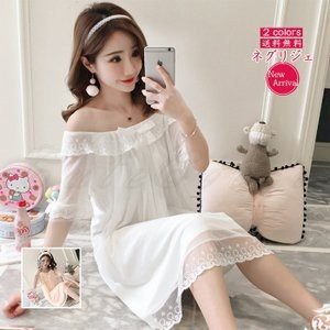 ネグリジェ レディース 新品 姫系 レース パッド カップ付き ワンピース 2way オフショルダー ロング 部屋着 ナイトウェア 夏 ルームウェア