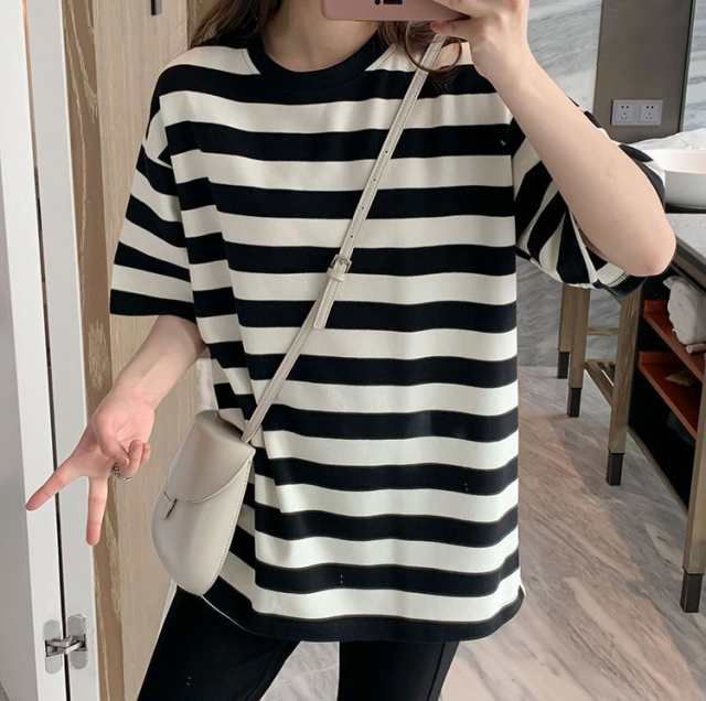 接触冷感 カットソー 切り替え 定番 ボーダー Tシャツ クルーネック 半袖 五分袖 ロング 綿100％ コットン 大きいサイズ ゆったり 夏 こなれ感 レディース トップス 体型カバー 切り替えボー