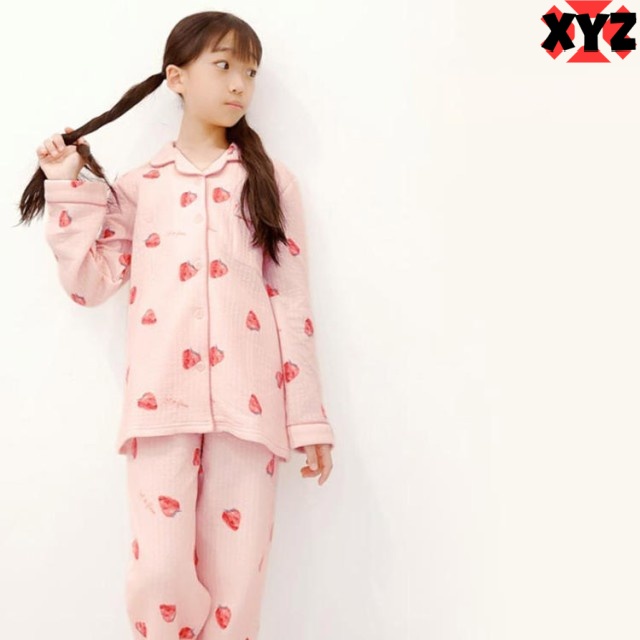 キッズ パジャマ 女の子 綿100％ ルームウェア 長袖 子供 キルト ニット 100cm 110cm 120cm 130cm 140cm 150cm 95 冬 春 秋 冬用 前開き 前ボタン ピンク