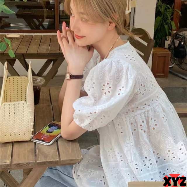 刺繍レースブラウス ブラウス レディース 春夏 トップス シャツ 七分袖 スキッパー レース 刺繍 フレア袖 スカラップ ギャザー ナチュラル フェミニン